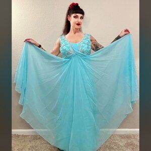Rare 60s Vintage Roger Milot Blue Chiffon Beaded Formal Dress MCM Pinup L XL